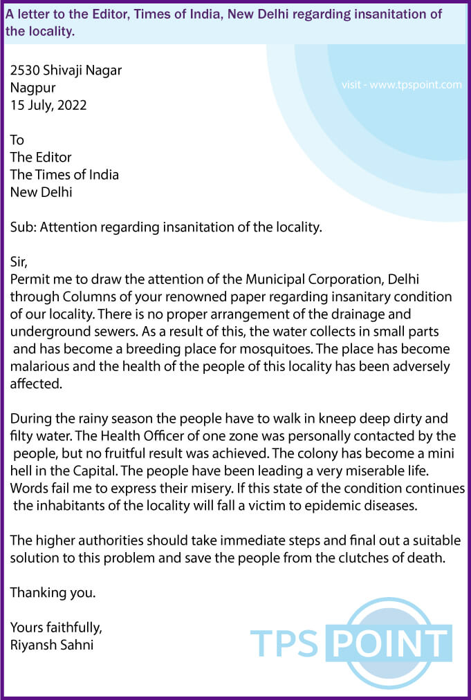 A letter to the Editor, Times of India, New Delhi regarding insanitation of the locality.