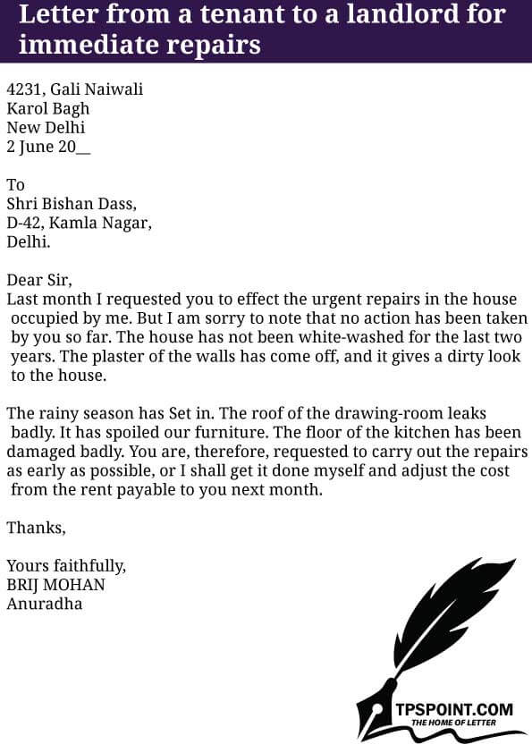 Letter from a tenant to a landlord for immediate repairs