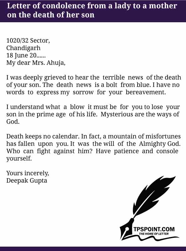 Letter of condolence from a lady to a mother on the death of her son